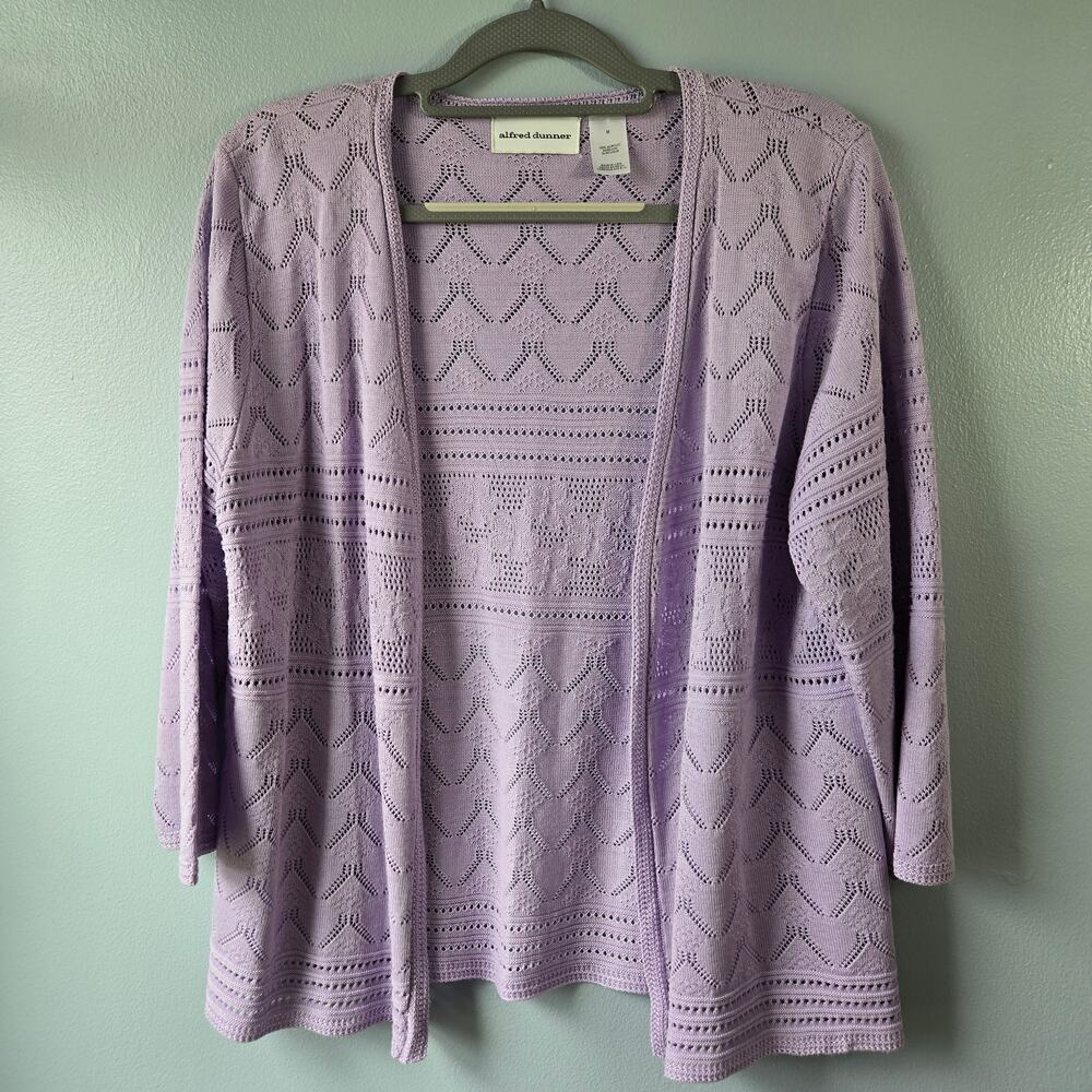 Alfred Dunner Women's Lavender Crocheted Knit Open Front Sweater Cardigan NWOT